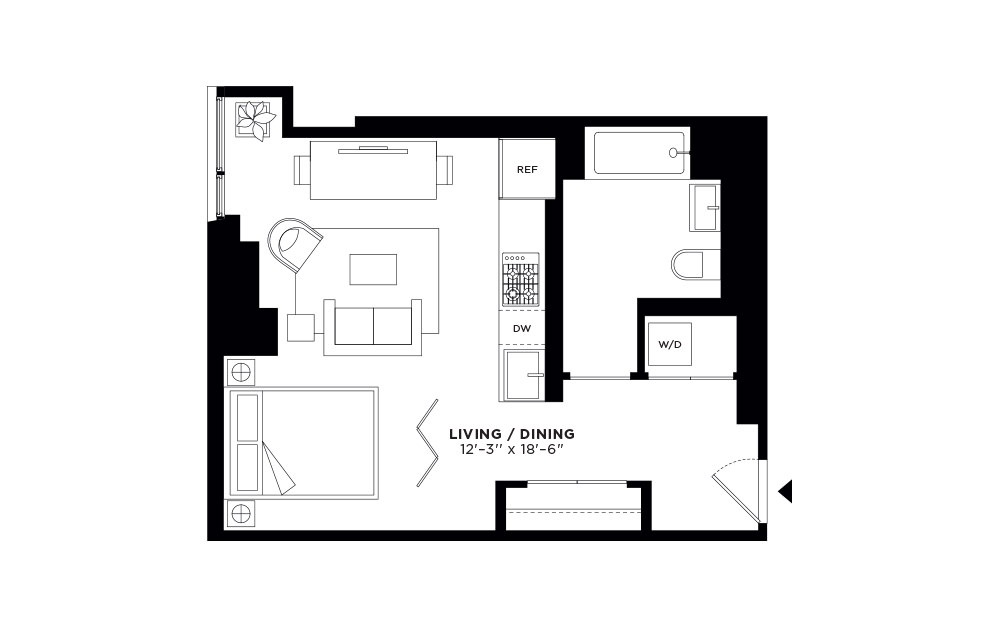 T.503-T.903 - Studio floorplan layout with 1 bath and 498 square feet.