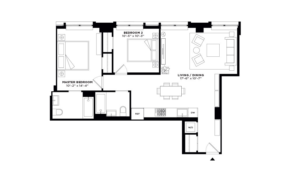 N/S.304,N/S.402-N/S.502 - 2 bedroom floorplan layout with 2 baths and 955 to 971 square feet.