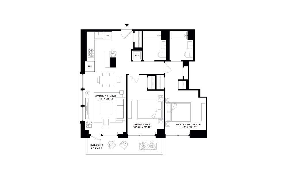 N/S.509 - 2 bedroom floorplan layout with 2 baths and 972 to 973 square feet.